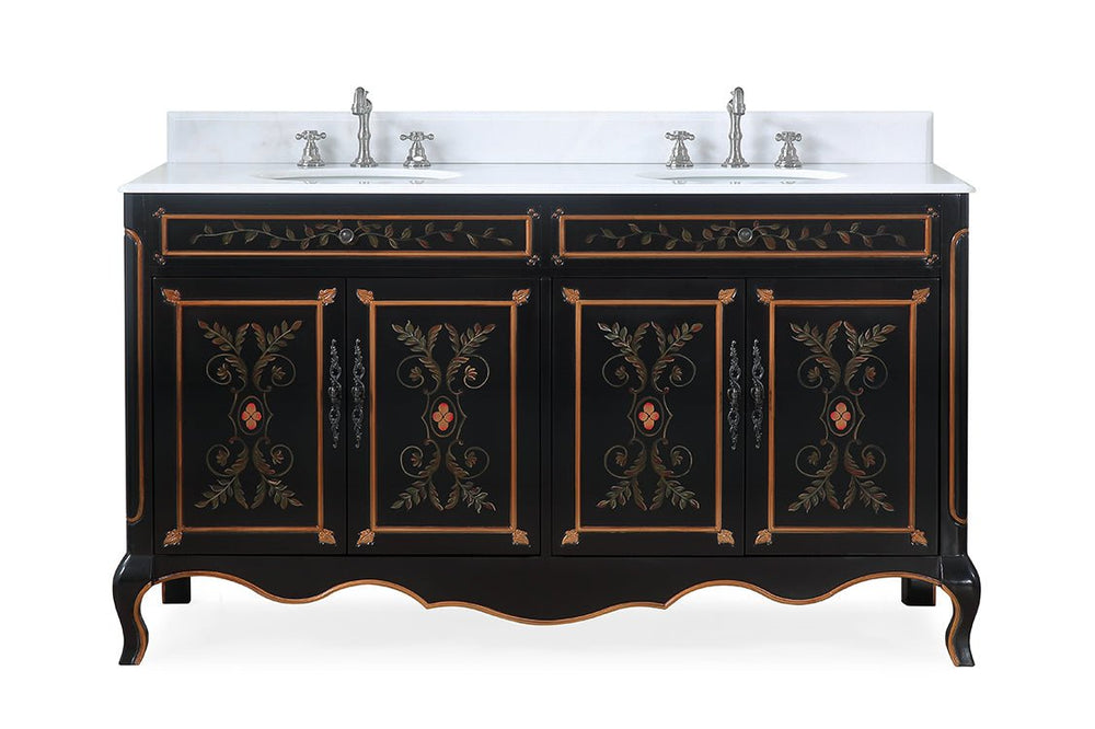 60 Inch Double Sink Bathroom Vanity Decoroso Hand-Painted Floral Design in Black & Gold