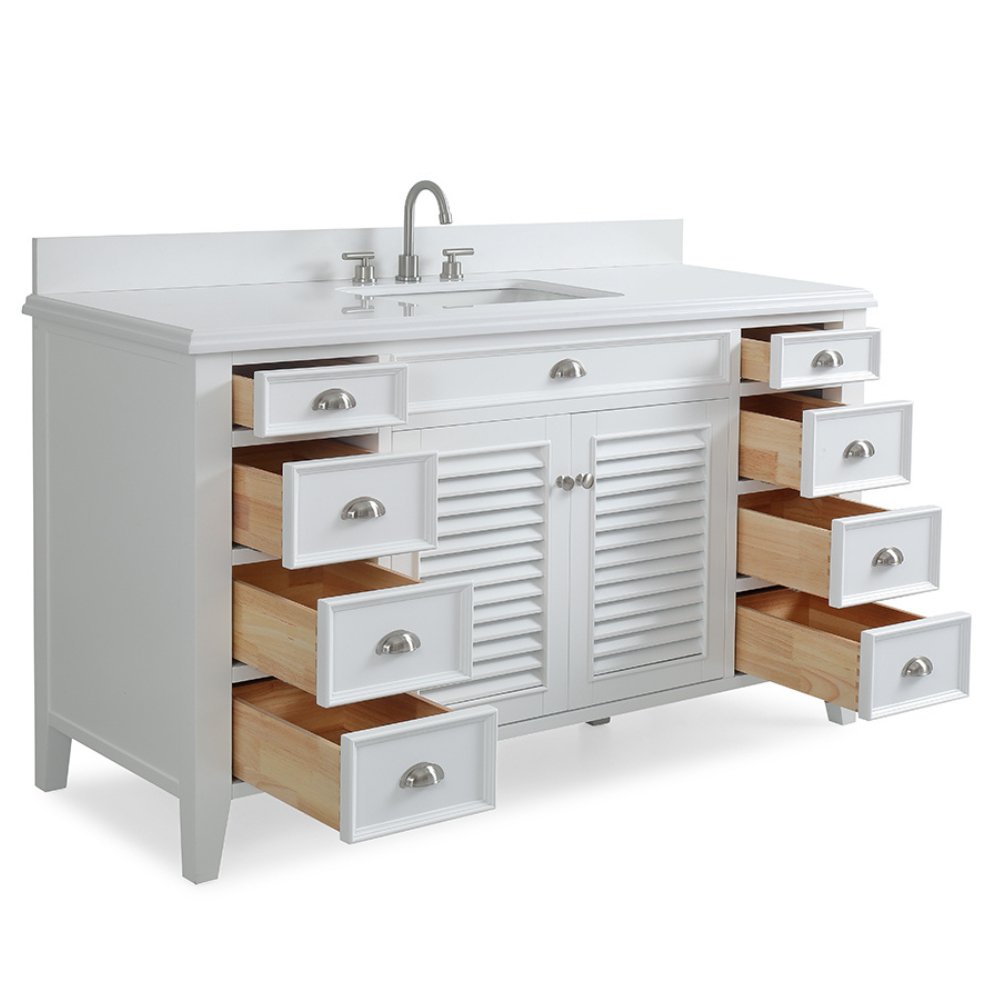 60 Inch Single Sink White Bathroom Vanity with Quartz Top, Soft Close ...