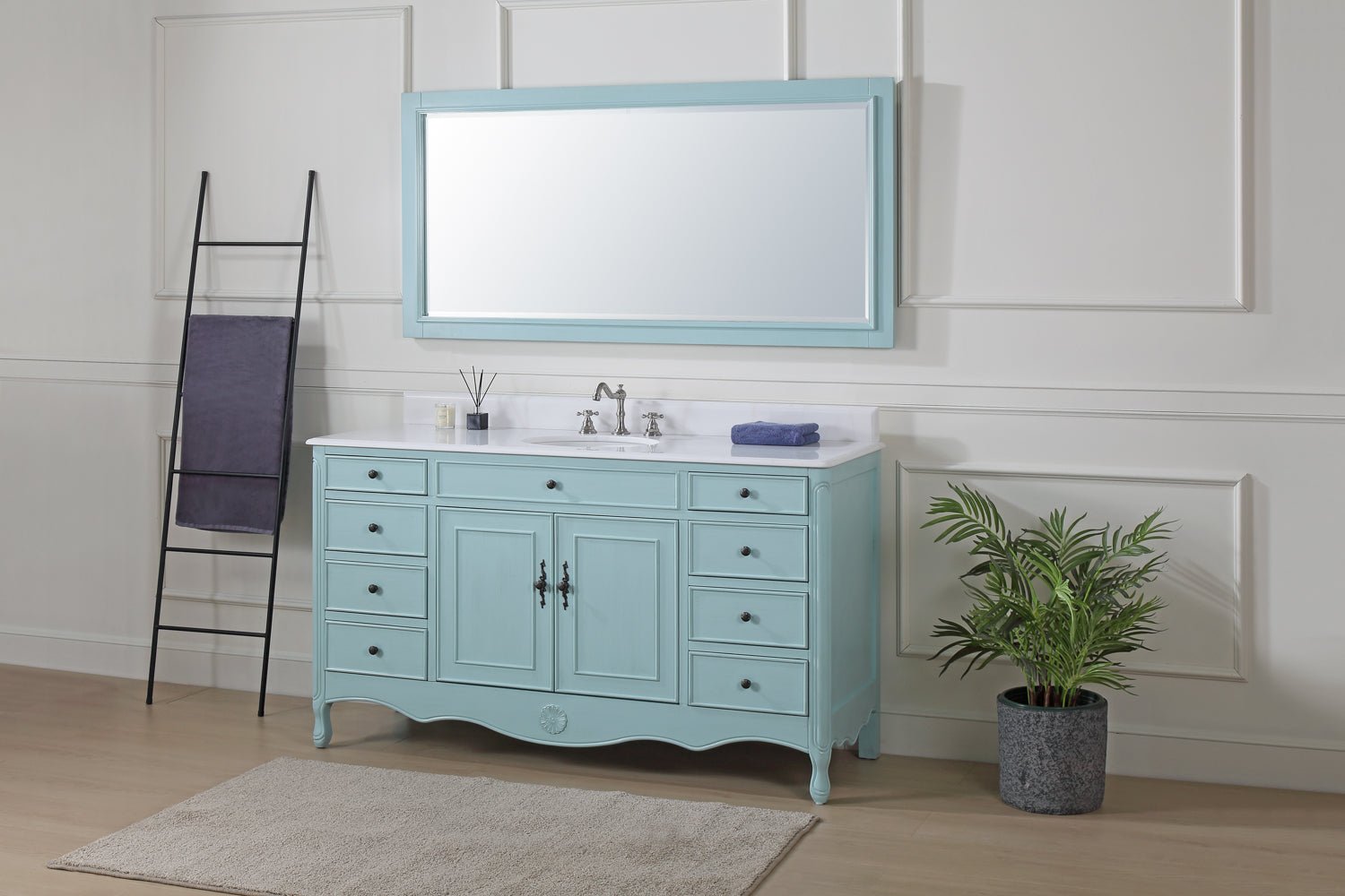 60 Inch Distressed Light Blue Single Sink Cottage Style Daleville Bathroom Vanity