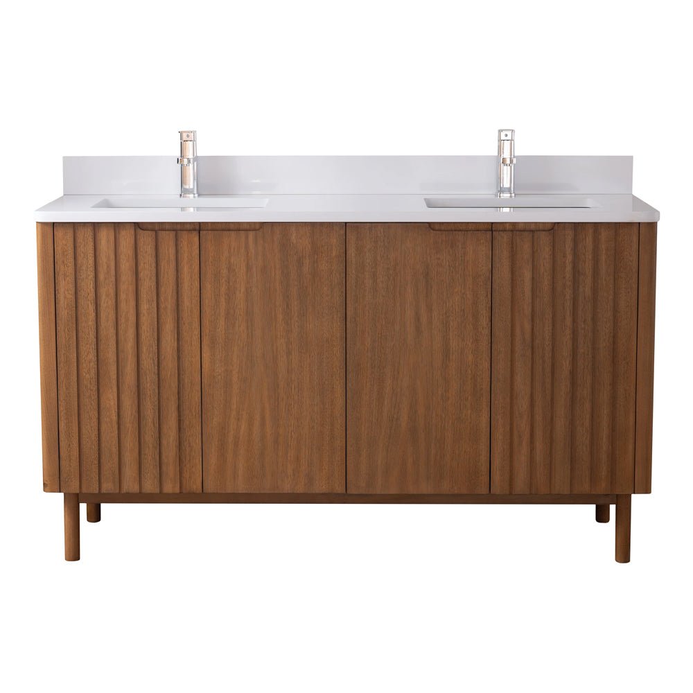60 Inch Fume Double Sink Mango Warm Oak Brown Finish Bathroom Vanity With White Top