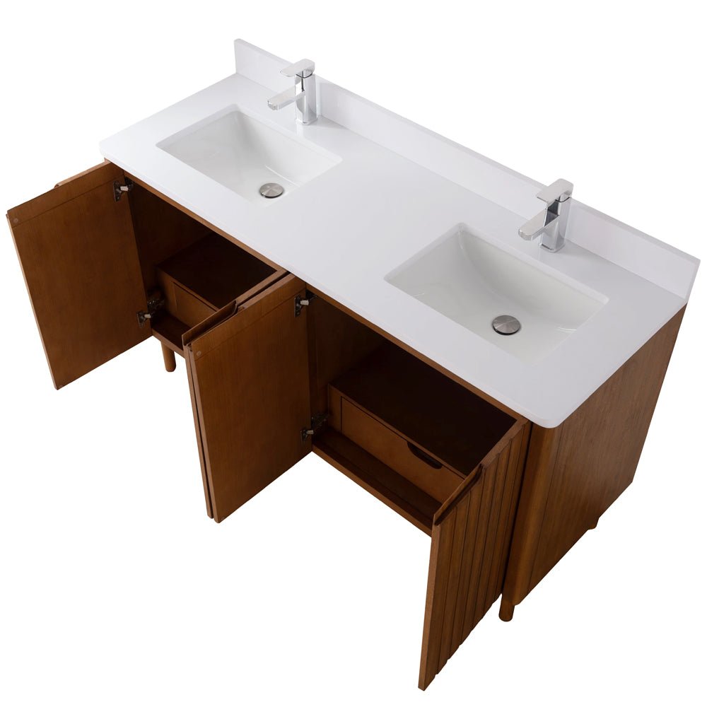 60 Inch Fume Double Sink Mango Warm Oak Brown Finish Bathroom Vanity With White Top