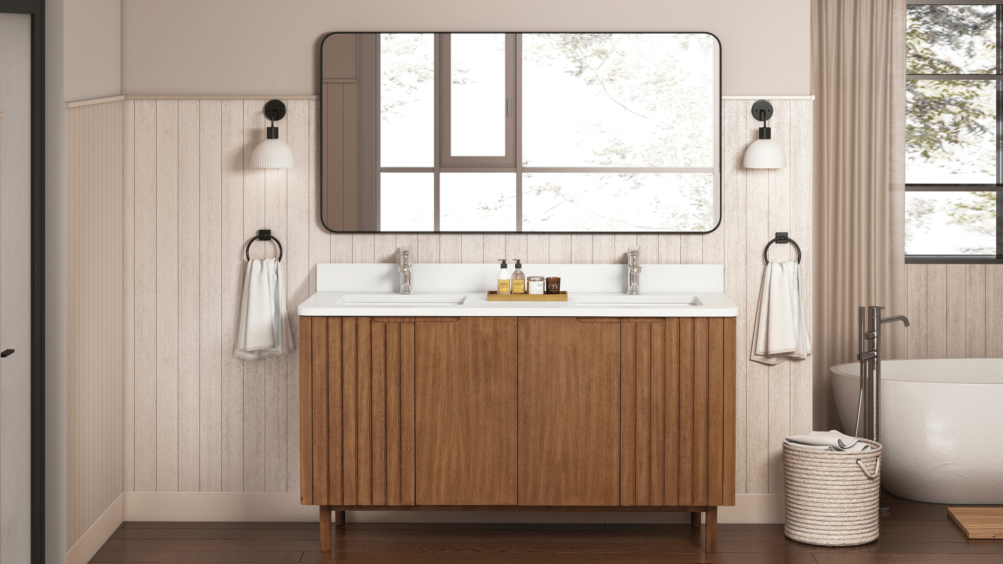 60 Inch Fume Double Sink Mango Warm Oak Brown Finish Bathroom Vanity With White Top
