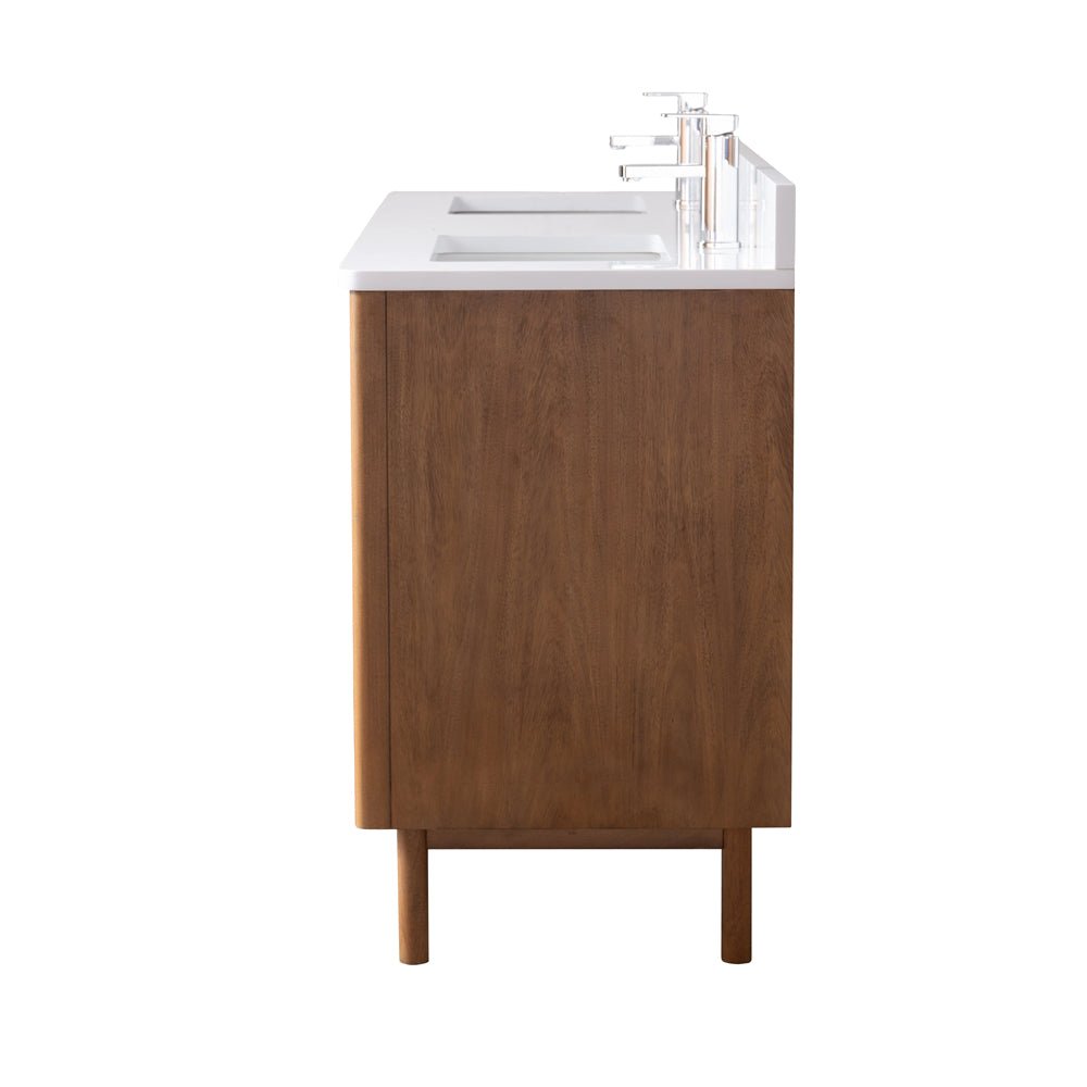 60 Inch Fume Double Sink Mango Warm Oak Brown Finish Bathroom Vanity With White Top