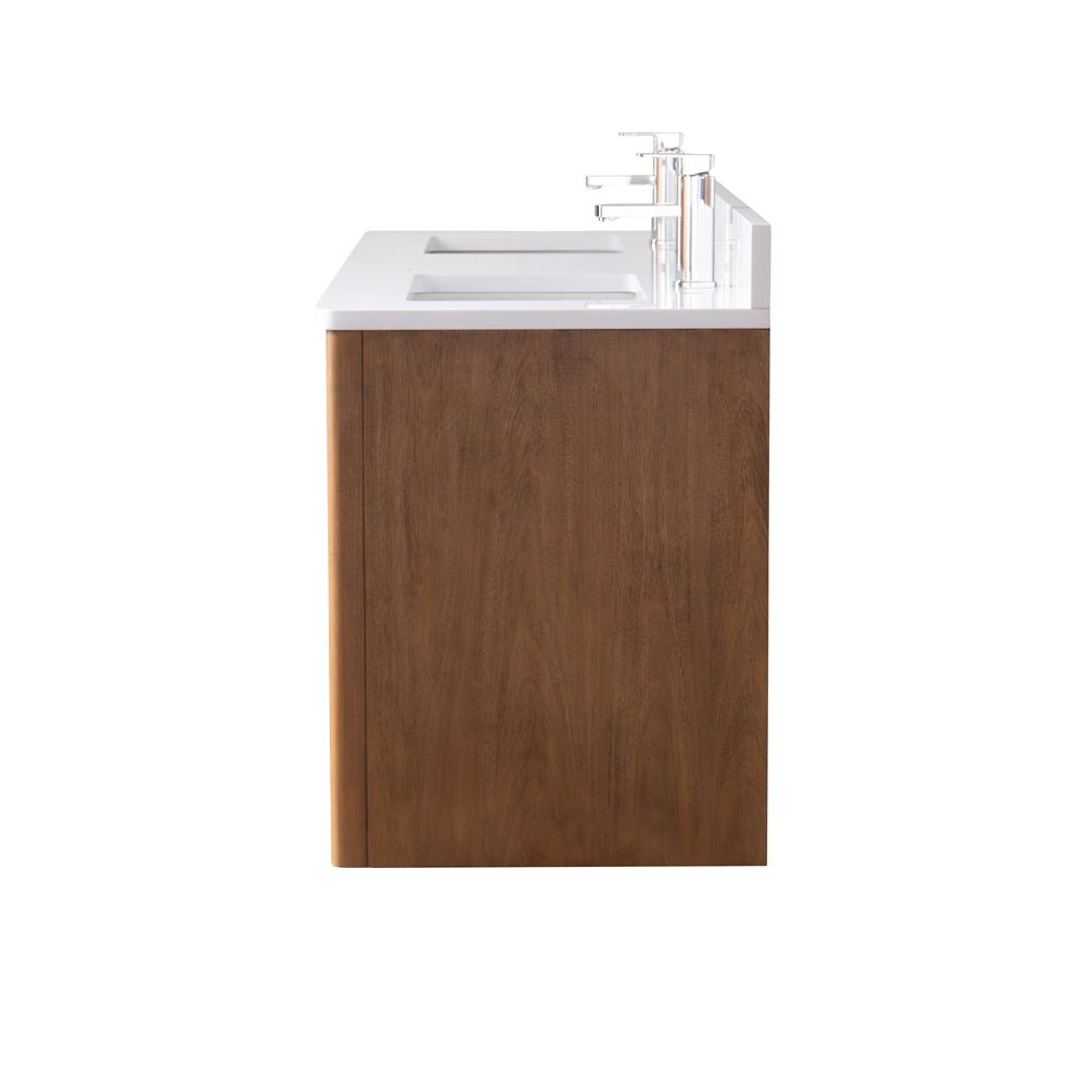 60 Inch Fume Double Sink Mango Warm Oak Brown Finish Wall Mount Floating Style Bathroom Vanity