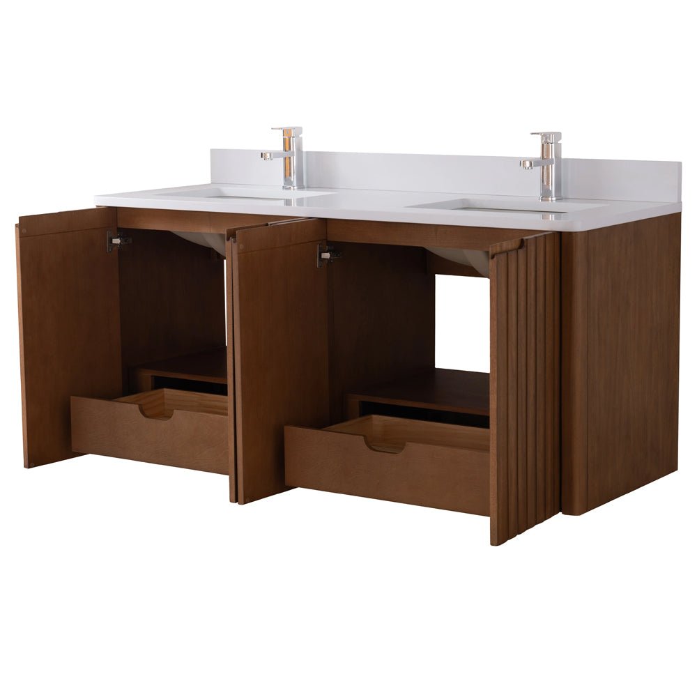 60 Inch Fume Double Sink Mango Warm Oak Brown Finish Wall Mount Floating Style Bathroom Vanity