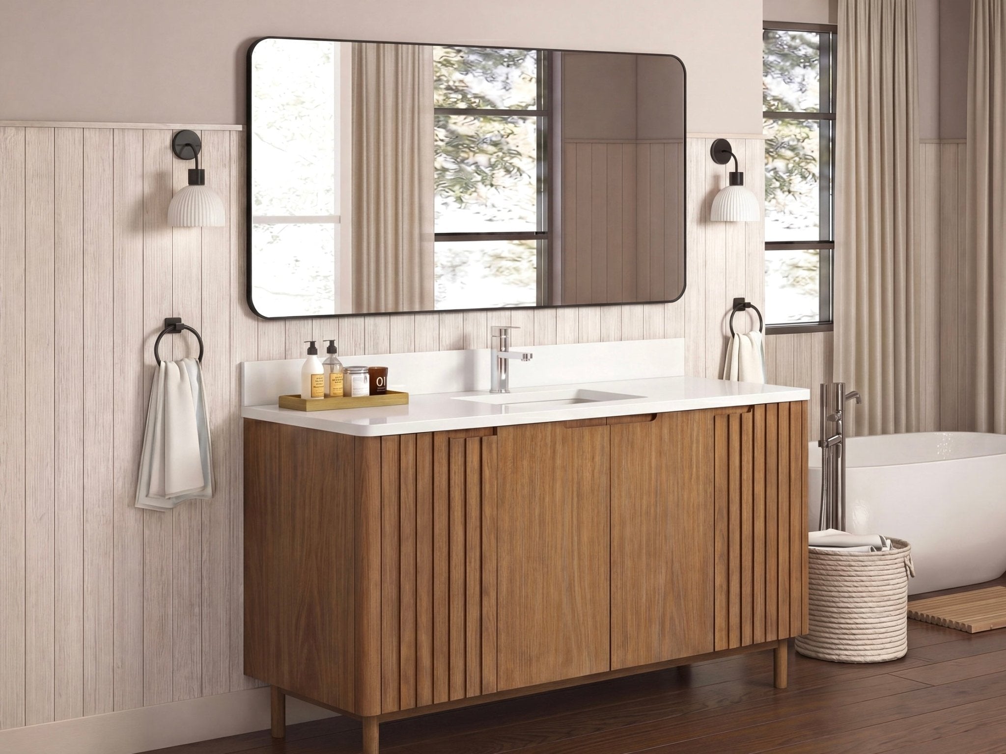 60 Inch Fume Single Sink Mango Warm Oak Brown Finish Bathroom Vanity With White Top