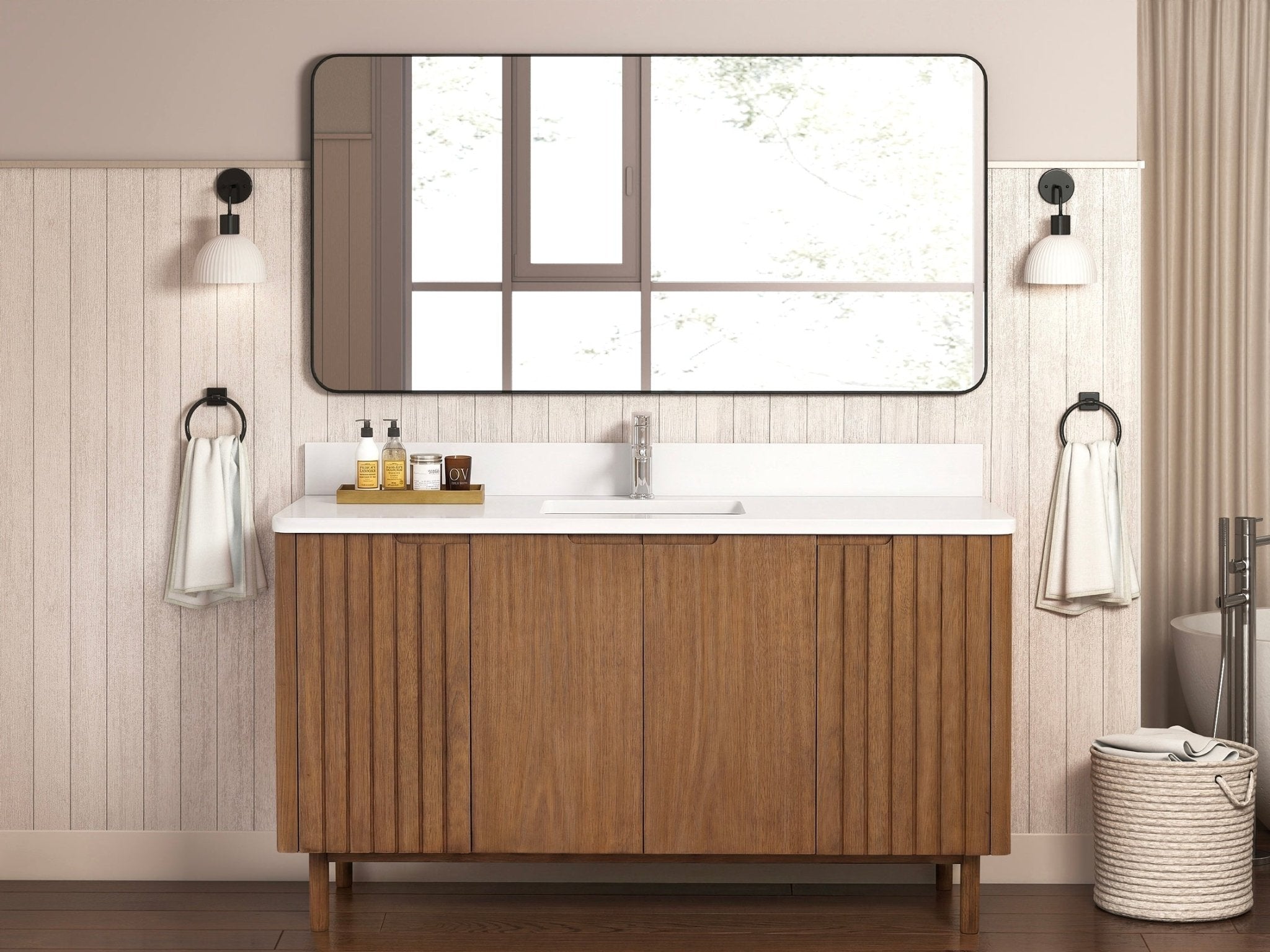 60 Inch Fume Single Sink Mango Warm Oak Brown Finish Bathroom Vanity With White Top