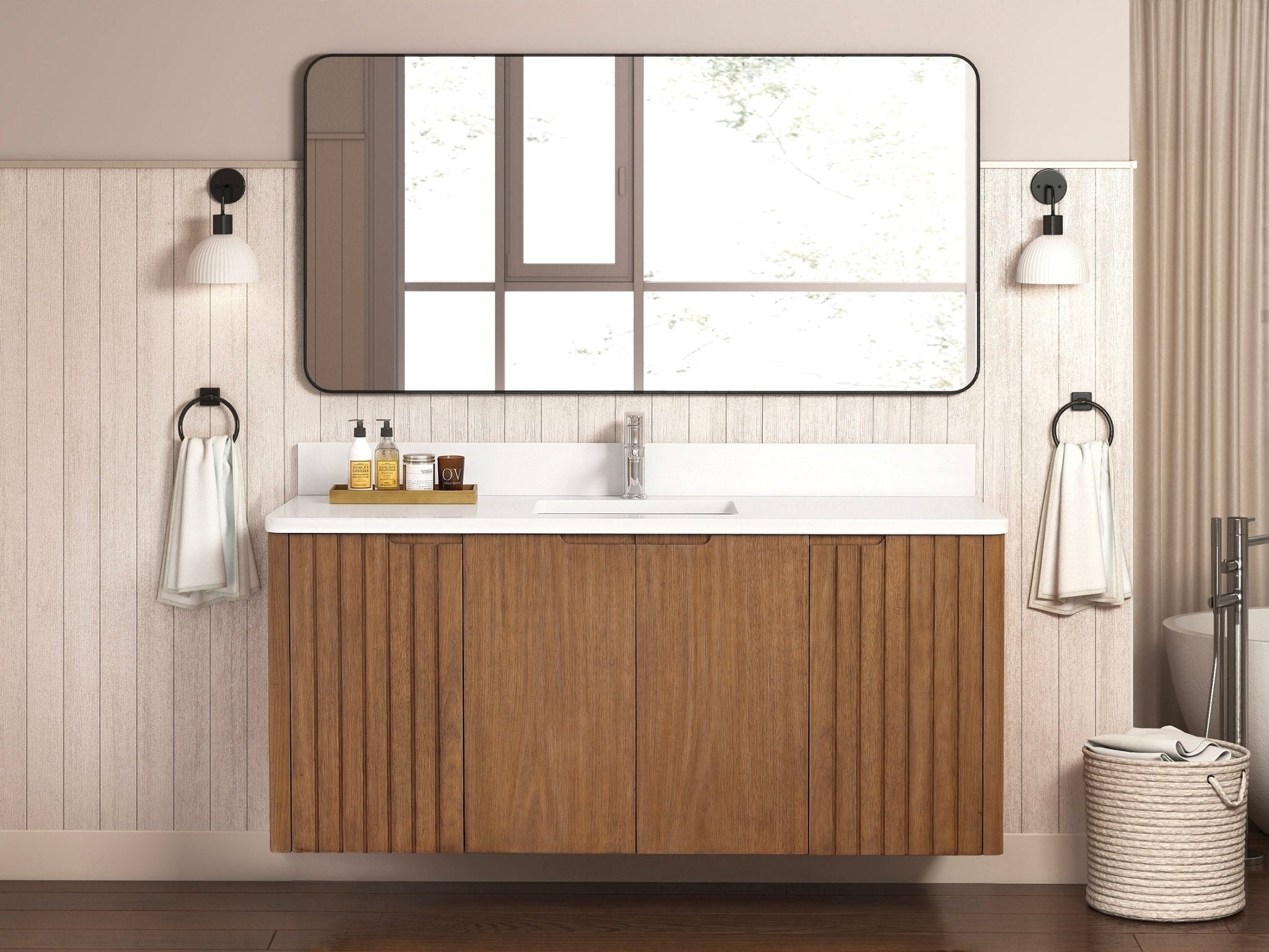 60 Inch Fume Single Sink Mango Warm Oak Brown Finish Wall Mount Floating Style Bathroom Vanity