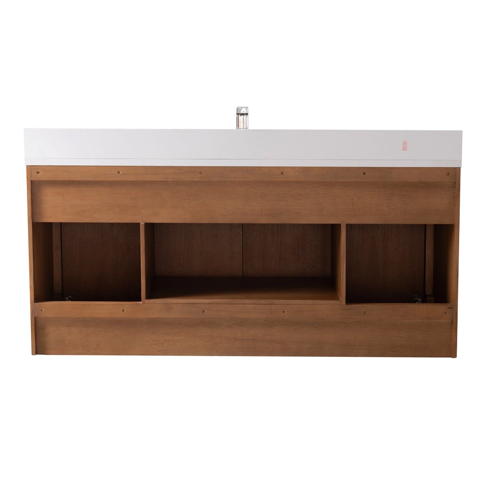 60 Inch Fume Single Sink Mango Warm Oak Brown Finish Wall Mount Floating Style Bathroom Vanity