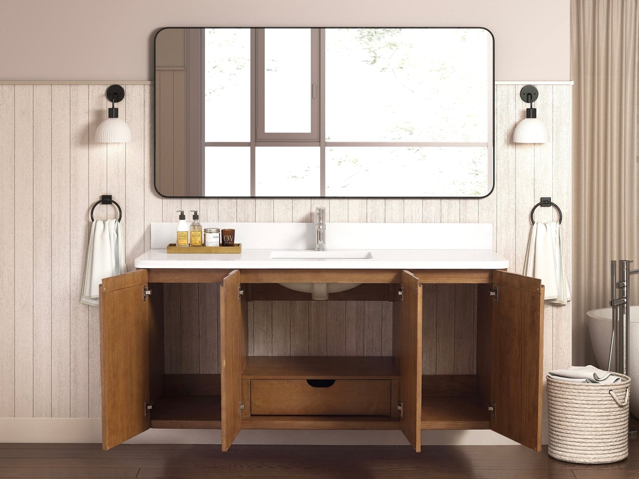 60 Inch Fume Single Sink Mango Warm Oak Brown Finish Wall Mount Floating Style Bathroom Vanity