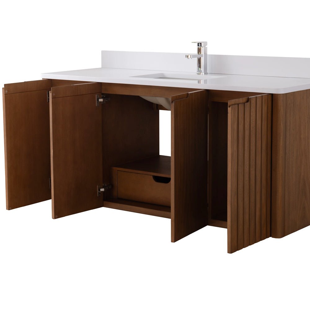 60 Inch Fume Single Sink Mango Warm Oak Brown Finish Wall Mount Floating Style Bathroom Vanity