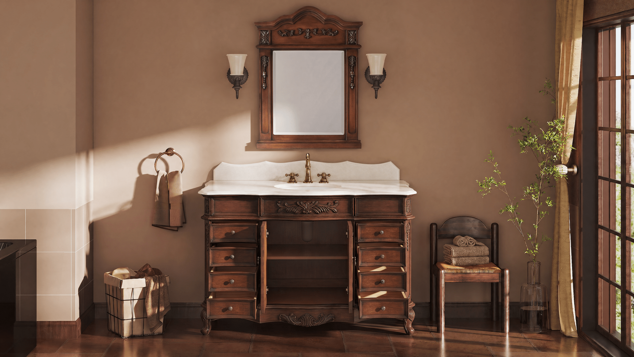 60 Inch Traditional Single Sink Bathroom Vanity Antique Brown with White Quartz Top