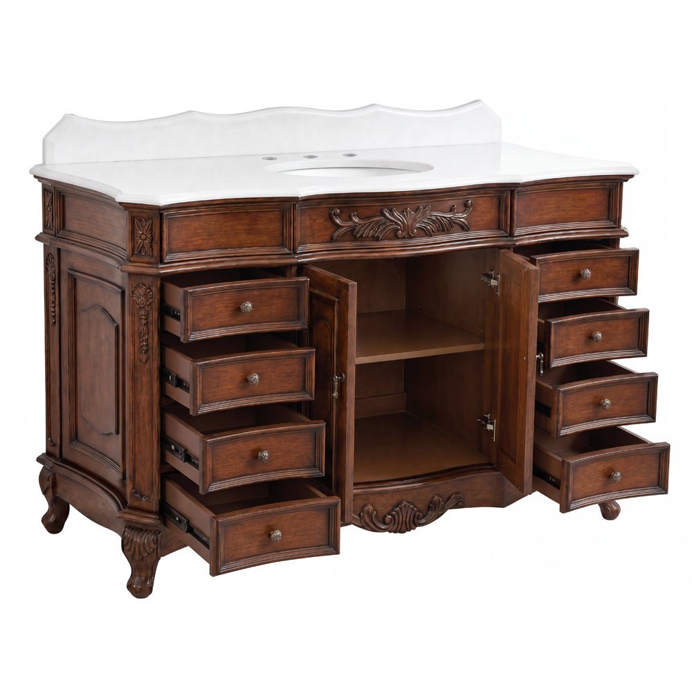 60 Inch Traditional Single Sink Bathroom Vanity Antique Brown with White Quartz Top