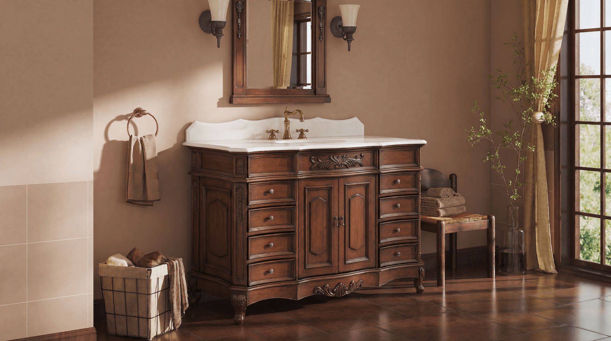 60 Inch Traditional Single Sink Bathroom Vanity Antique Brown with White Quartz Top