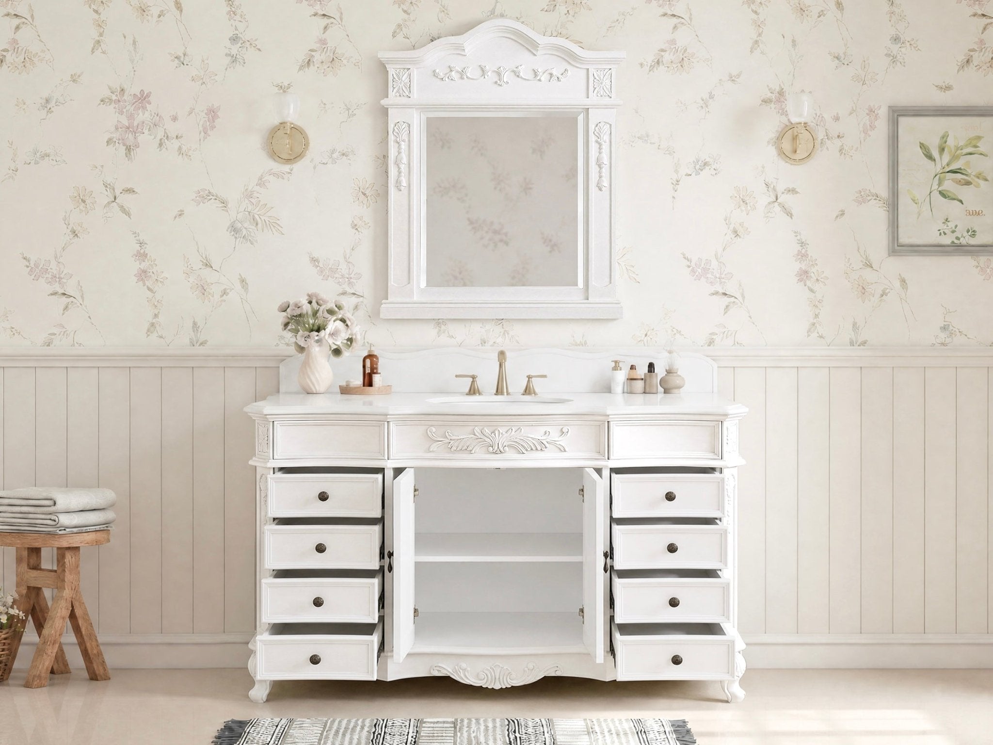 60 Inch Traditional Single Sink Bathroom Vanity Antique White with White Quartz Top