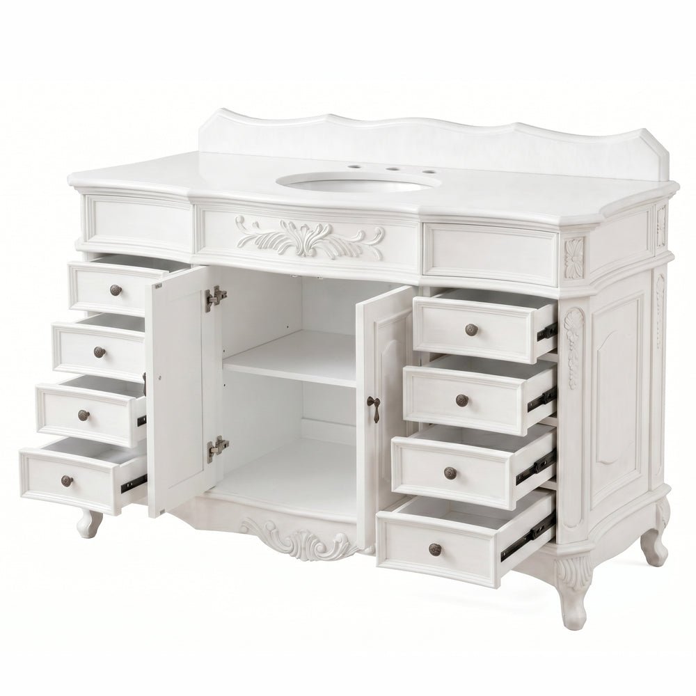 60 Inch Traditional Single Sink Bathroom Vanity Antique White with White Quartz Top