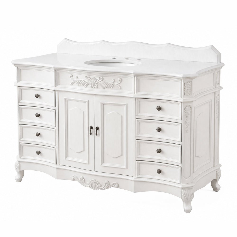 60 Inch Traditional Single Sink Bathroom Vanity Antique White with White Quartz Top