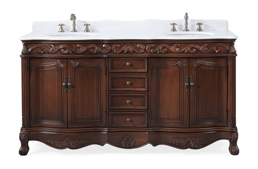 64 Inch Brown Traditional Style Double Sink White Marble Top Beckham Bathroom Vanity