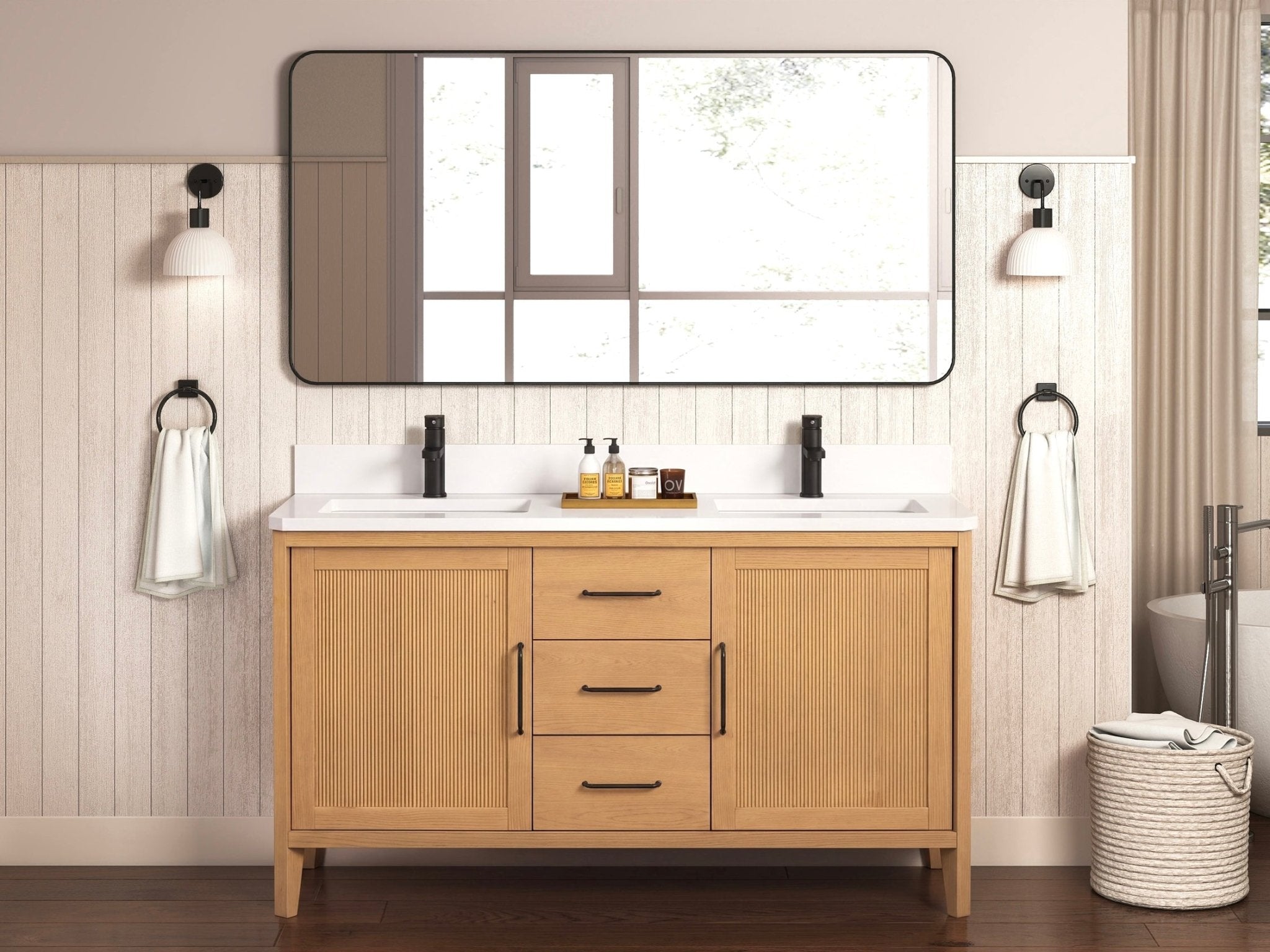 72 Inch Barque Double Sink Warm Oak Brown Finish Bathroom Vanity With White Top