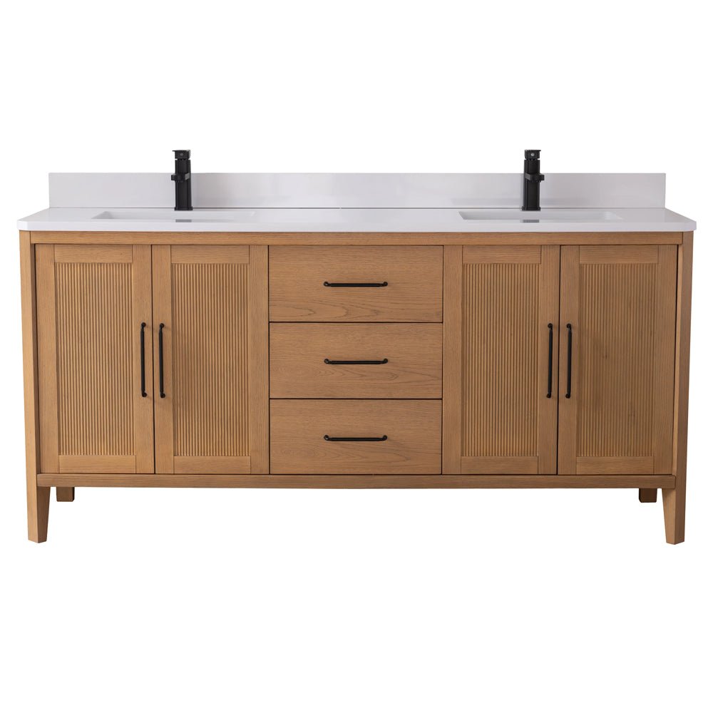 72 Inch Barque Double Sink Warm Oak Brown Finish Bathroom Vanity With White Top