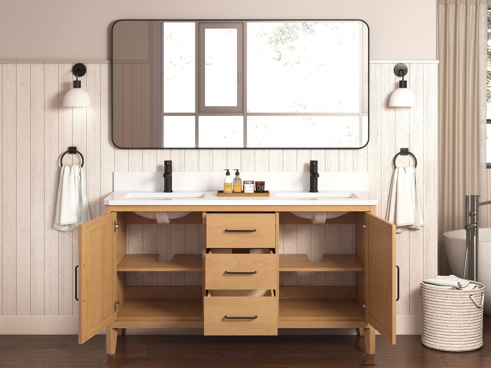 72 Inch Barque Double Sink Warm Oak Brown Finish Bathroom Vanity With White Top