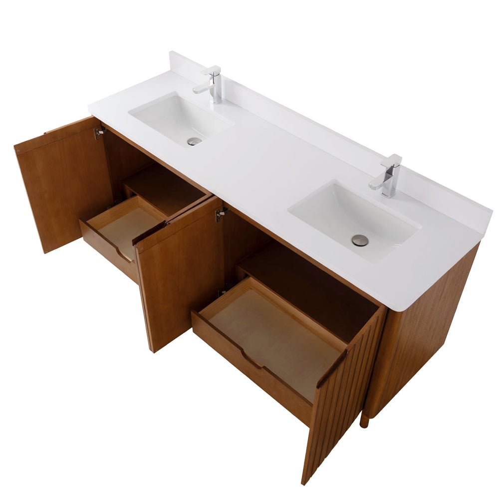 72 Inch Fume Double Sink Mango Warm Oak Brown Finish Bathroom Vanity With White Top