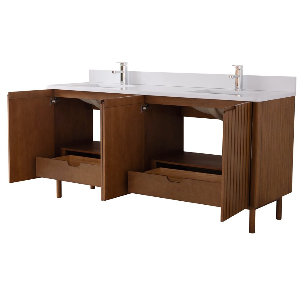 72 Inch Fume Double Sink Mango Warm Oak Brown Finish Bathroom Vanity With White Top