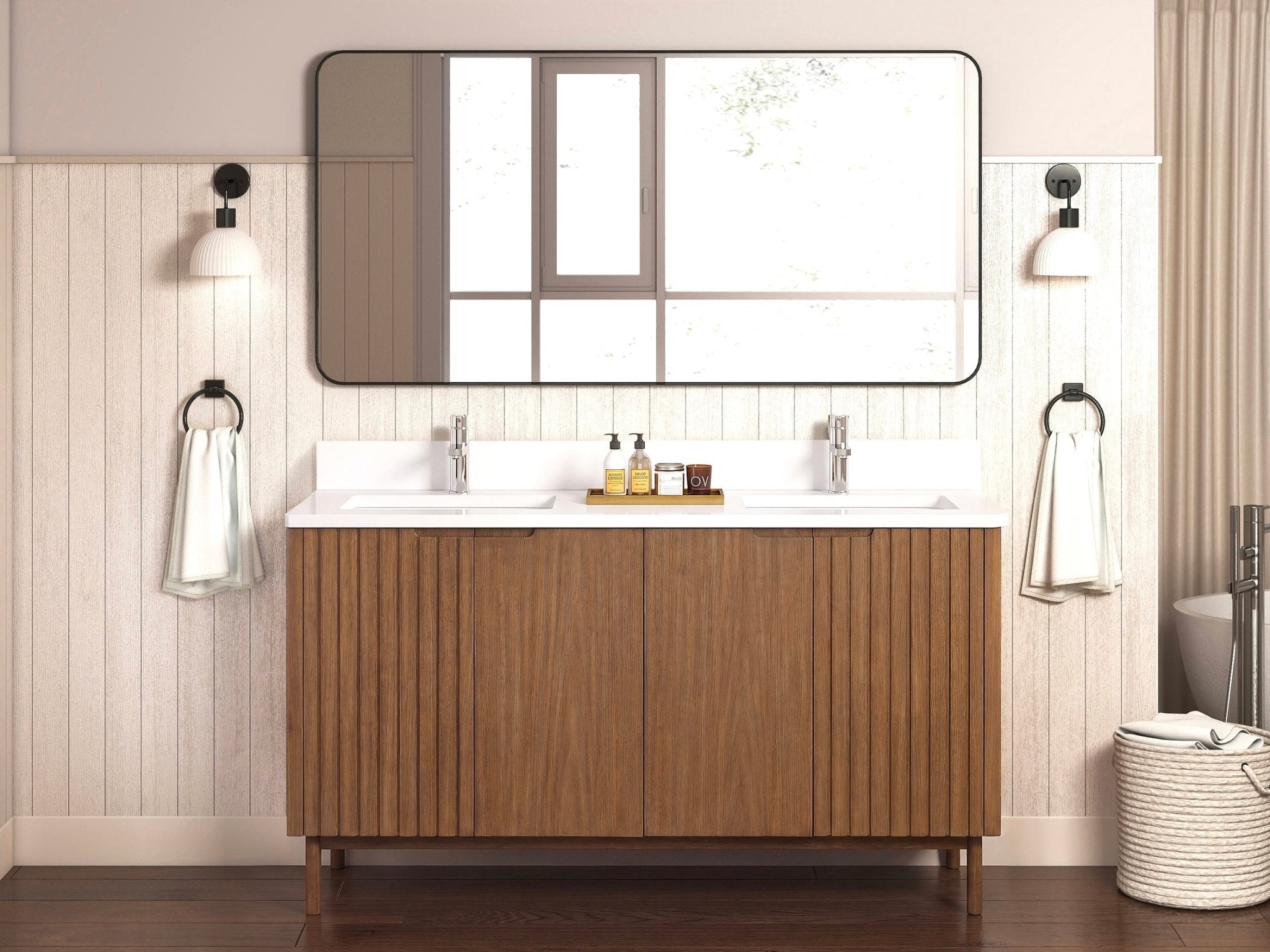 72 Inch Fume Double Sink Mango Warm Oak Brown Finish Bathroom Vanity With White Top