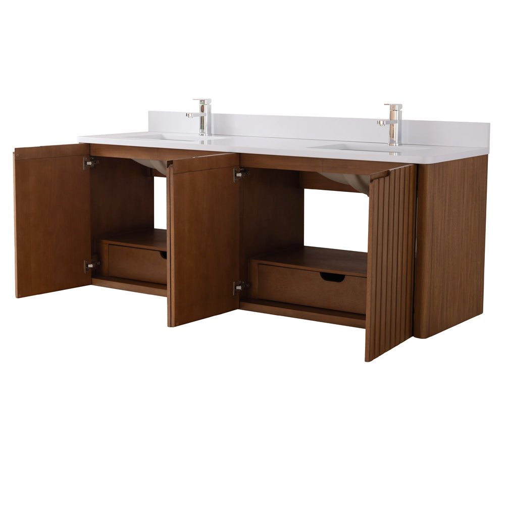 72 Inch Fume Double Sink Mango Warm Oak Brown Finish Wall Mount Floating Style Bathroom Vanity
