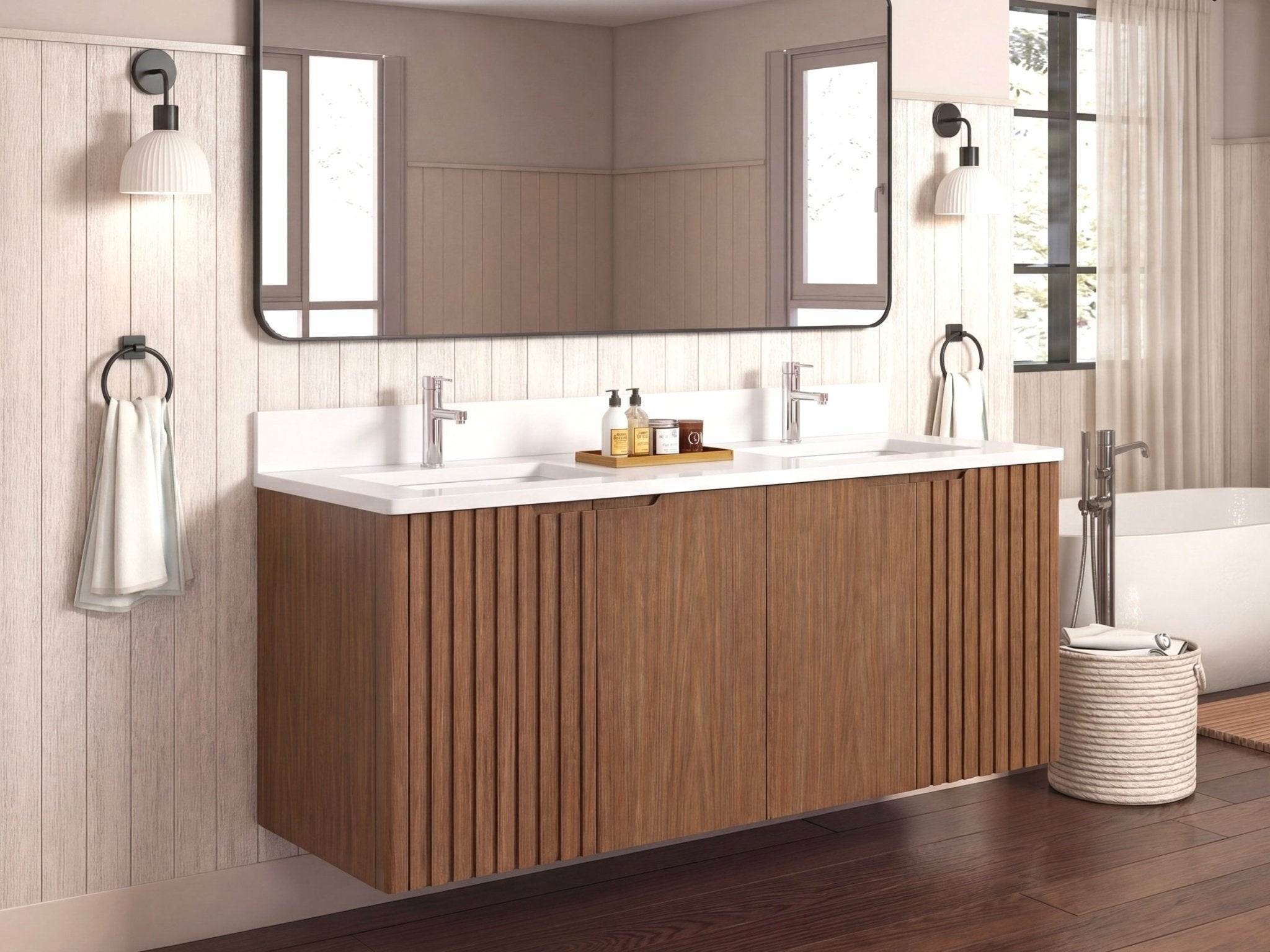 72 Inch Fume Double Sink Mango Warm Oak Brown Finish Wall Mount Floating Style Bathroom Vanity