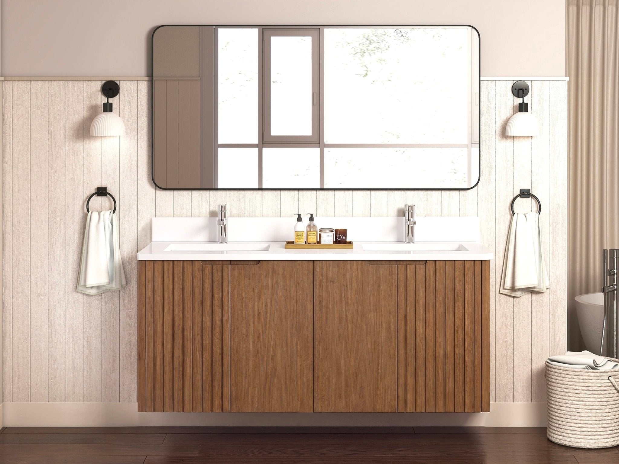 72 Inch Fume Double Sink Mango Warm Oak Brown Finish Wall Mount Floating Style Bathroom Vanity