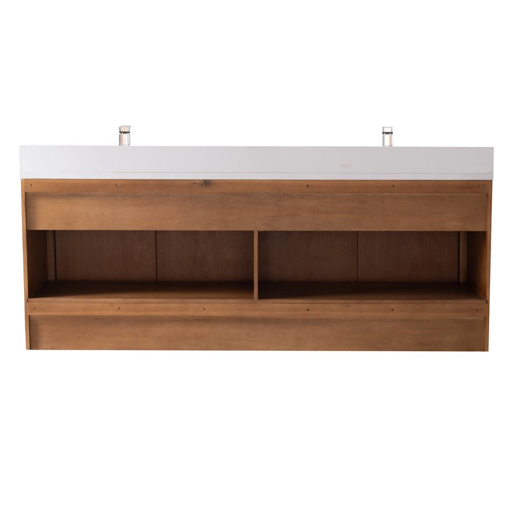 72 Inch Fume Double Sink Mango Warm Oak Brown Finish Wall Mount Floating Style Bathroom Vanity