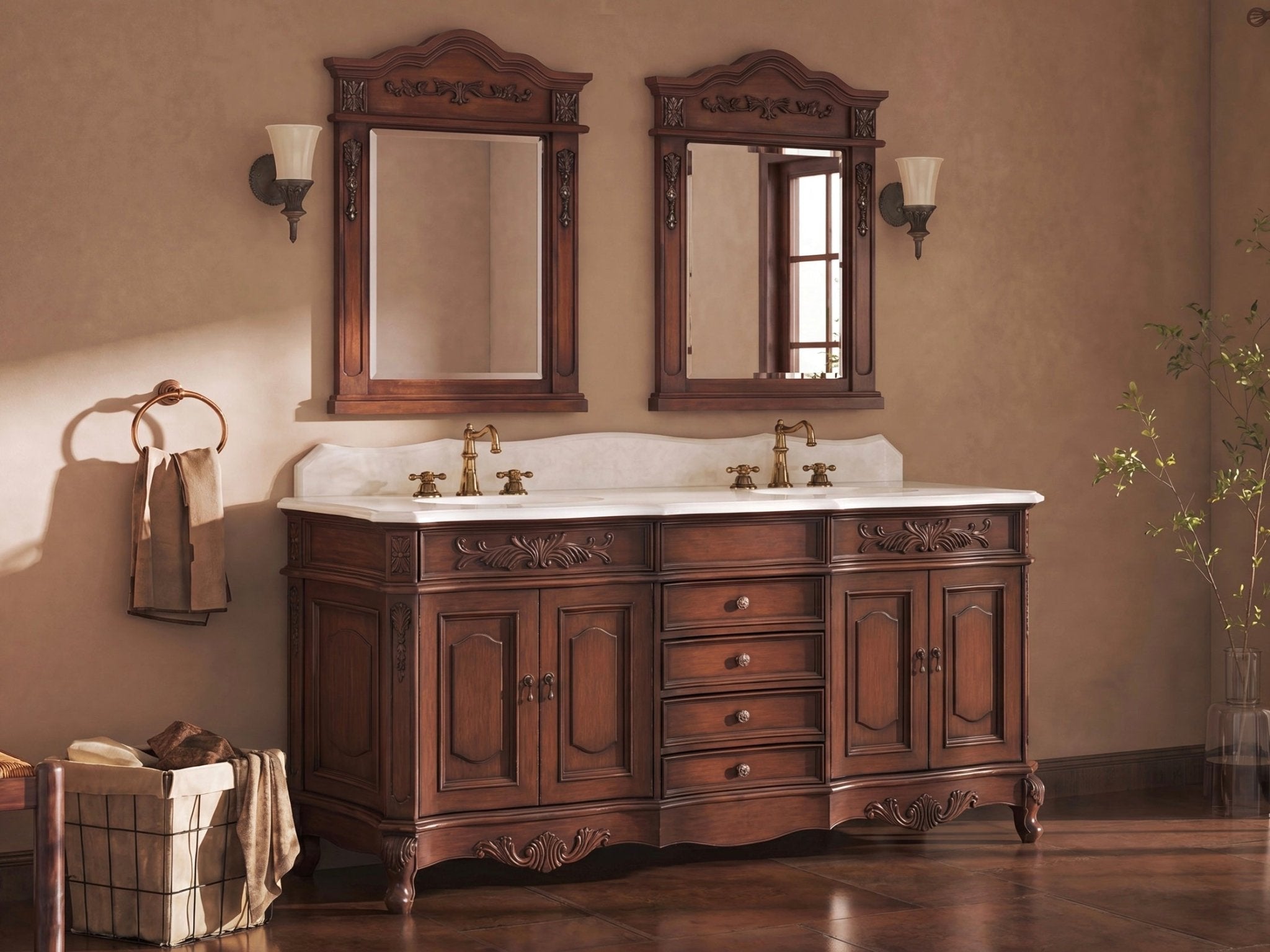 72 Inch Morton Traditional Double Sink Bathroom Vanity Antique Brown with White Quartz Top