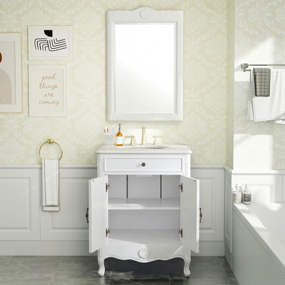 26 Inch Daleville Distressed White Cottage Style Small Bathroom Sink Vanity