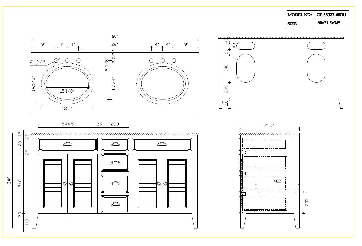 60" inch Benton Collection Abbeville Double Sink Vanity Model