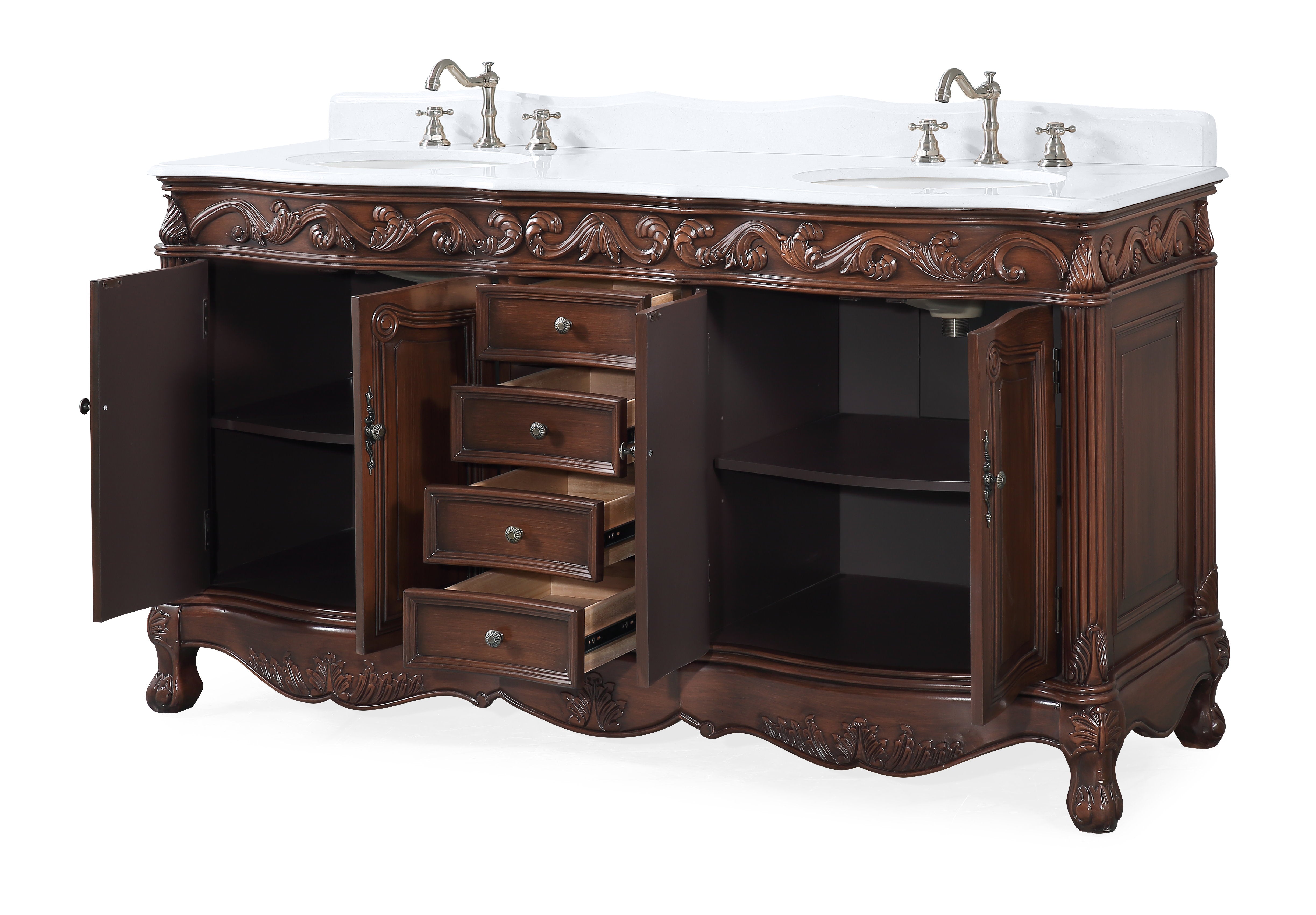 64" Traditional Style Brown Double Sink Beckham Bathroom Vanity -  CF-3882M-TK-64