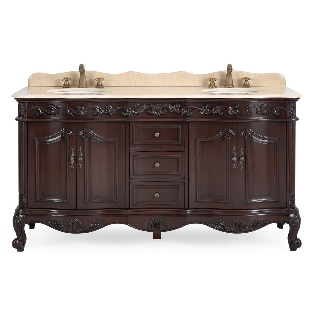 64 Inch Brown Traditional Style Double Sink Cream Marble Top Beckham Bathroom Vanity