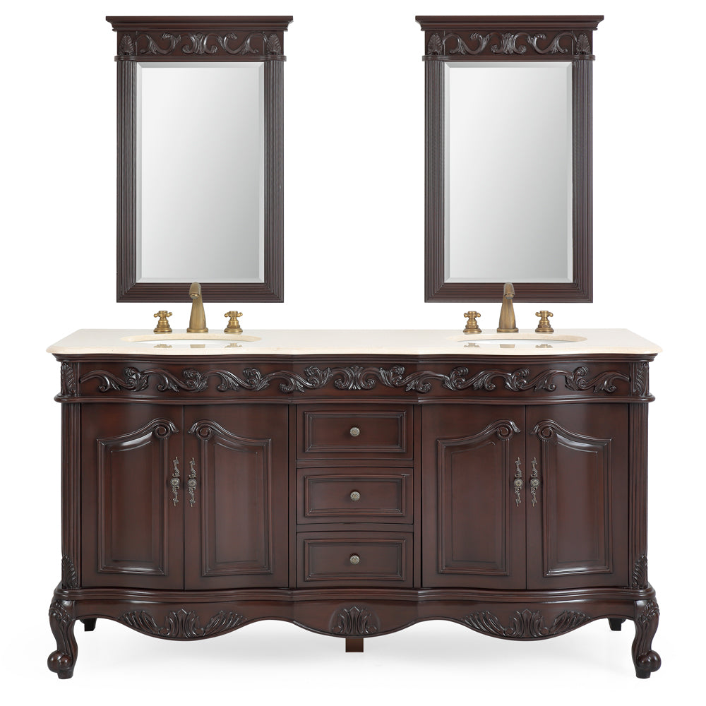 64 Inch Brown Traditional Style Double Sink Cream Marble Top Beckham Bathroom Vanity