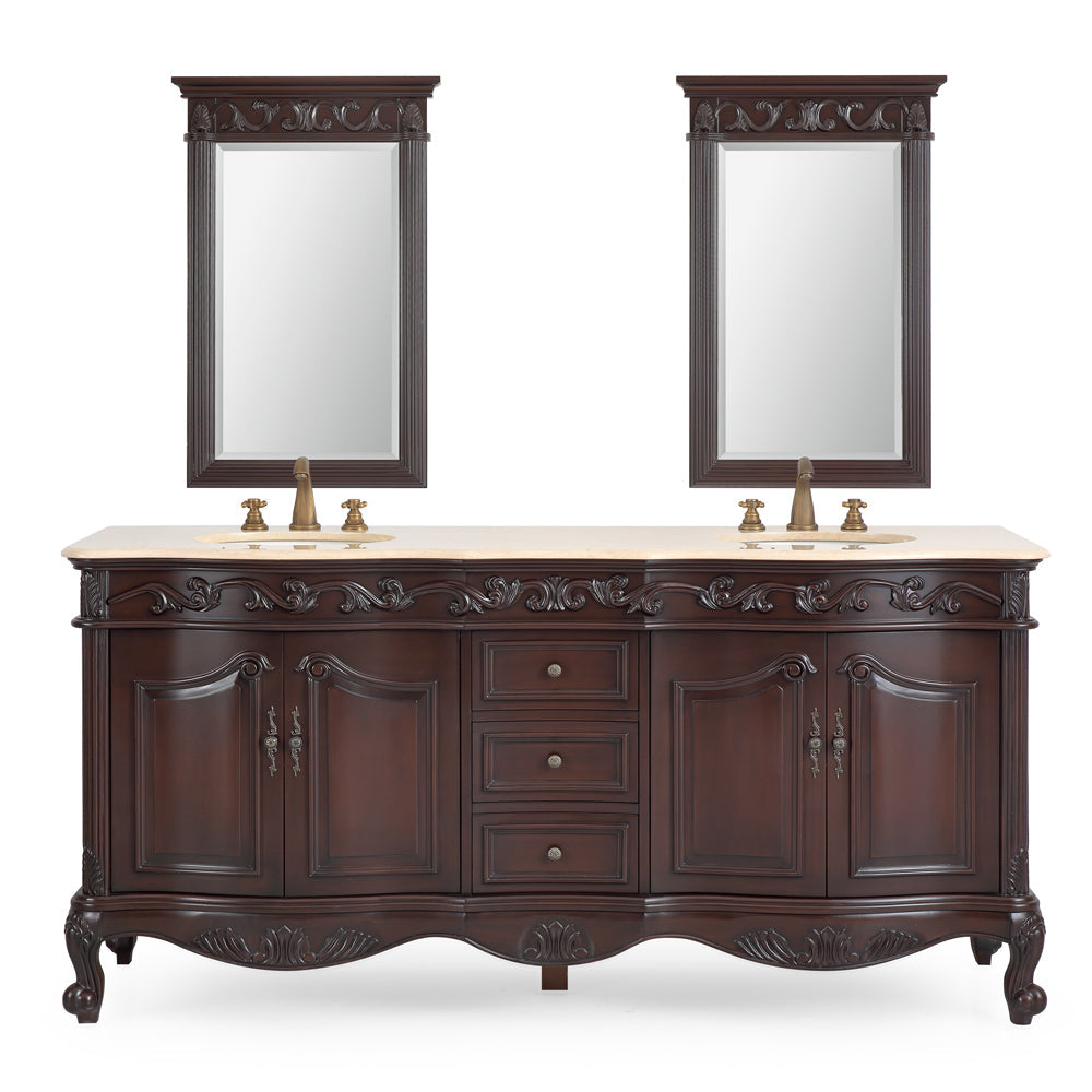 72 Inch Brown Antique Traditional Style Double Sink White Top Beckham Bathroom Vanity