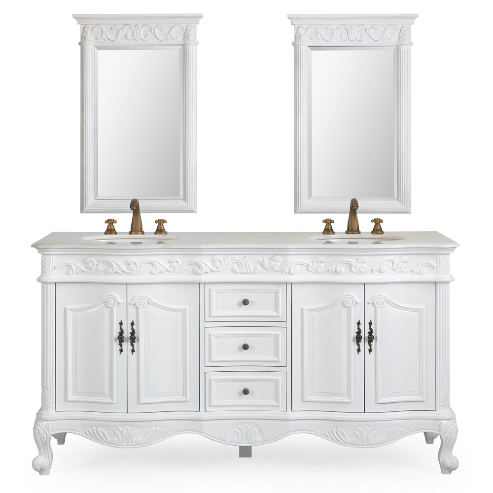 64 Inch Antique White Traditional Style Double Sink White Top Beckham Bathroom Vanity