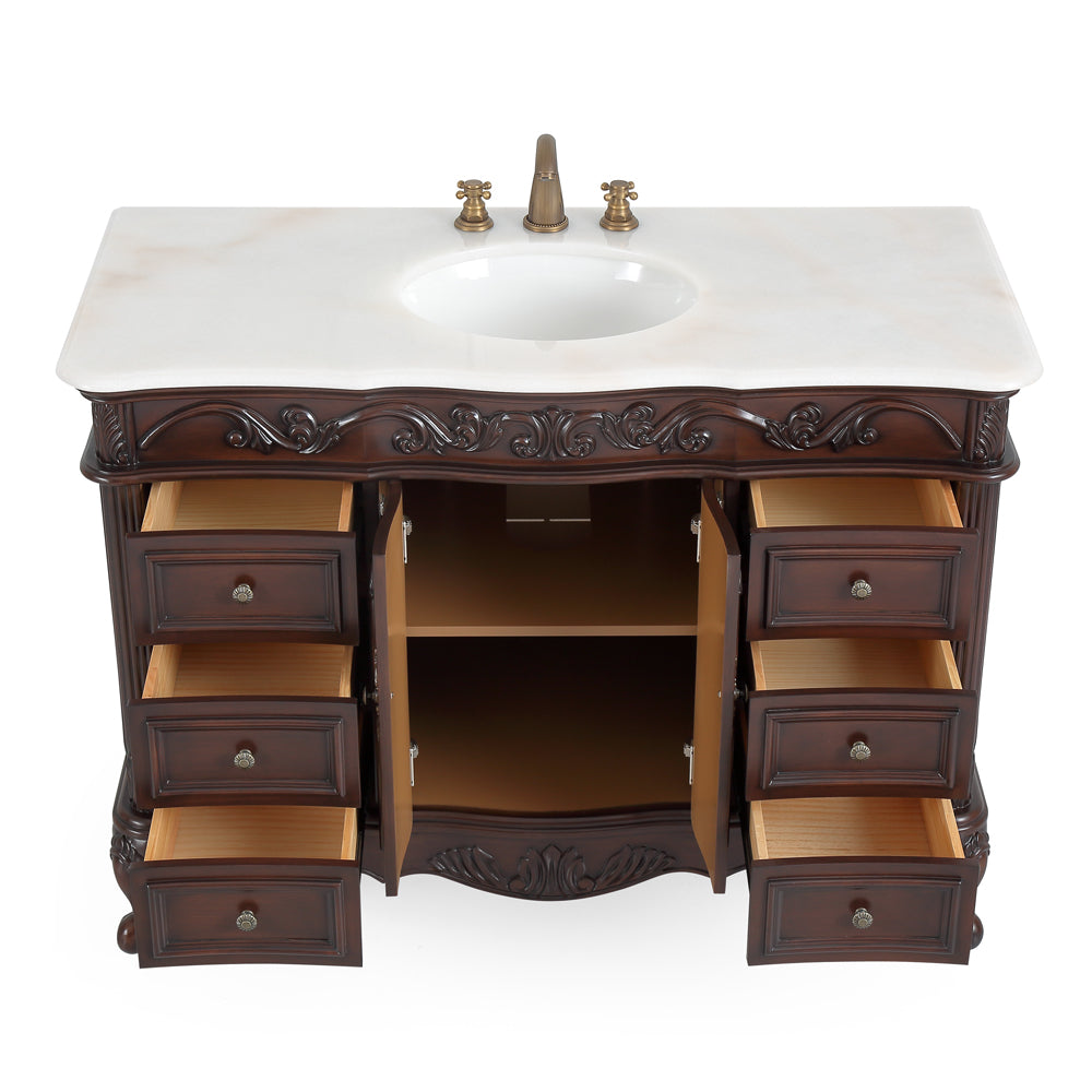 42 inch Traditional Style Cherry Brown Single Sink White Marble Countertop Beckham Bathroom Vanity