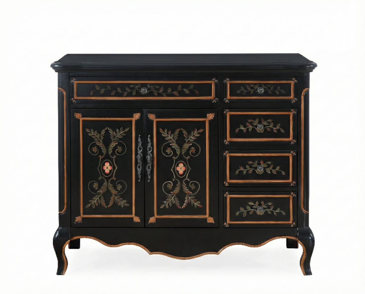42 Inch Hand-Painted Floral Cabinet Base - Black