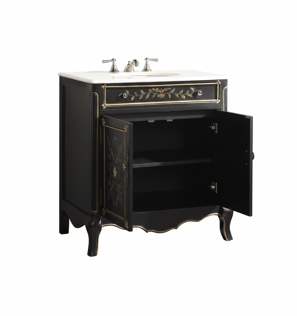 32" Black Hand-Painted Floral Motif Decoroso Bathroom Vanity