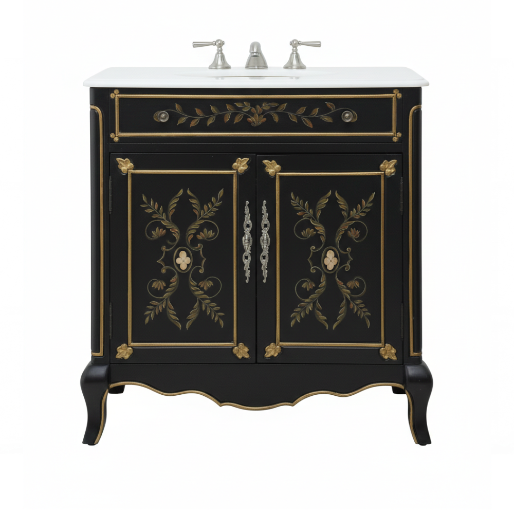 32" Black Hand-Painted Floral Motif Decoroso Bathroom Vanity
