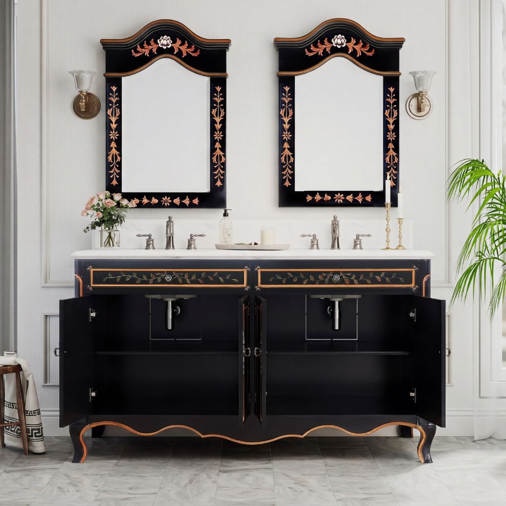 60 Inch Double Sink Bathroom Vanity Decoroso Hand-Painted Floral Design in Black & Gold