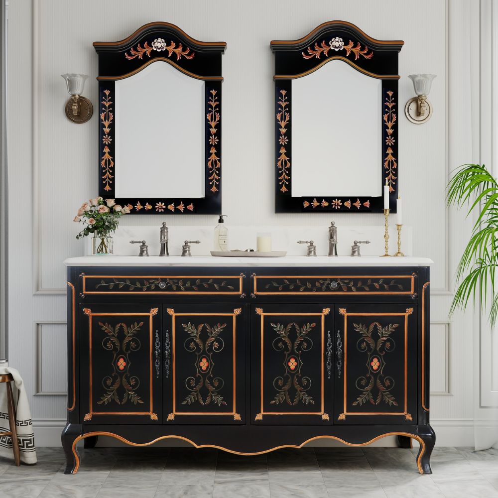 60 Inch Double Sink Bathroom Vanity Decoroso Hand-Painted Floral Design in Black & Gold