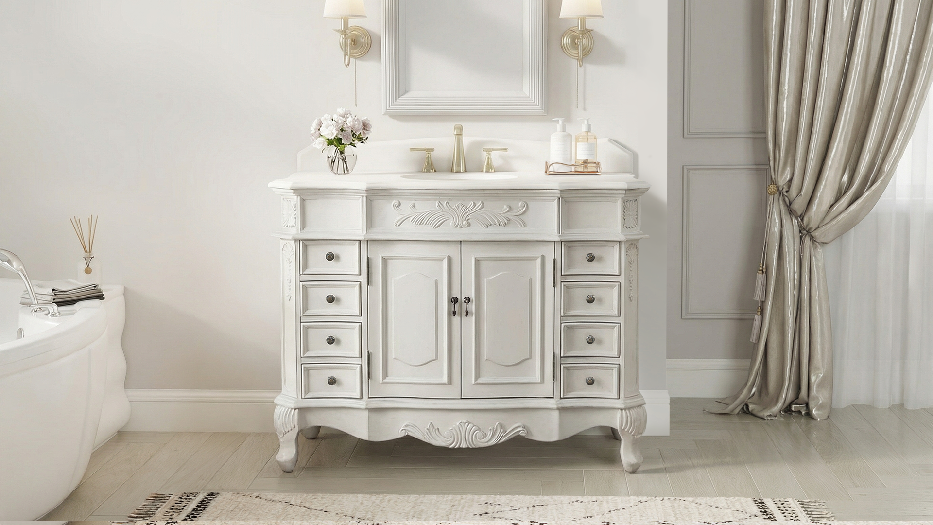 Morton 48" Antique Style Single Sink Bathroom Vanity | White Quartz Top