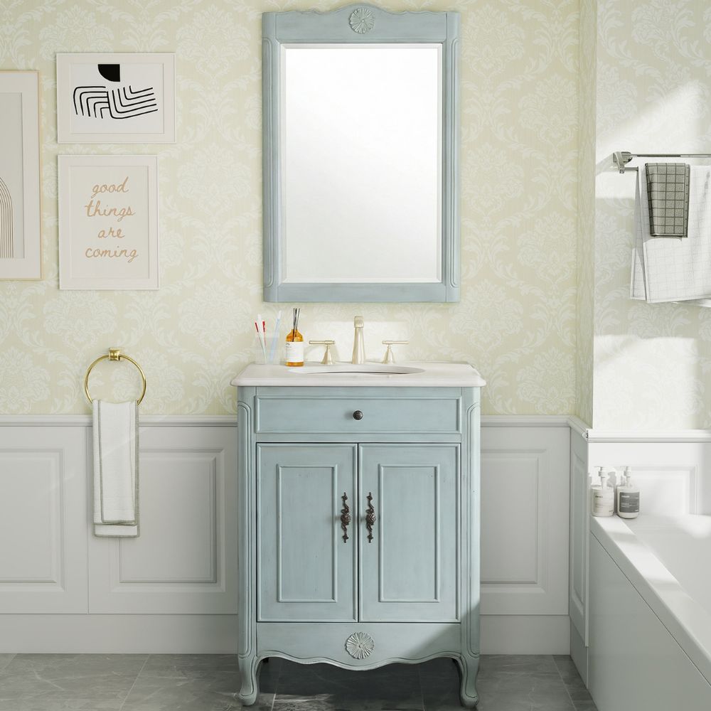 26 Inch Daleville Distressed Light Blue Cottage Style Small Bathroom Sink Vanity