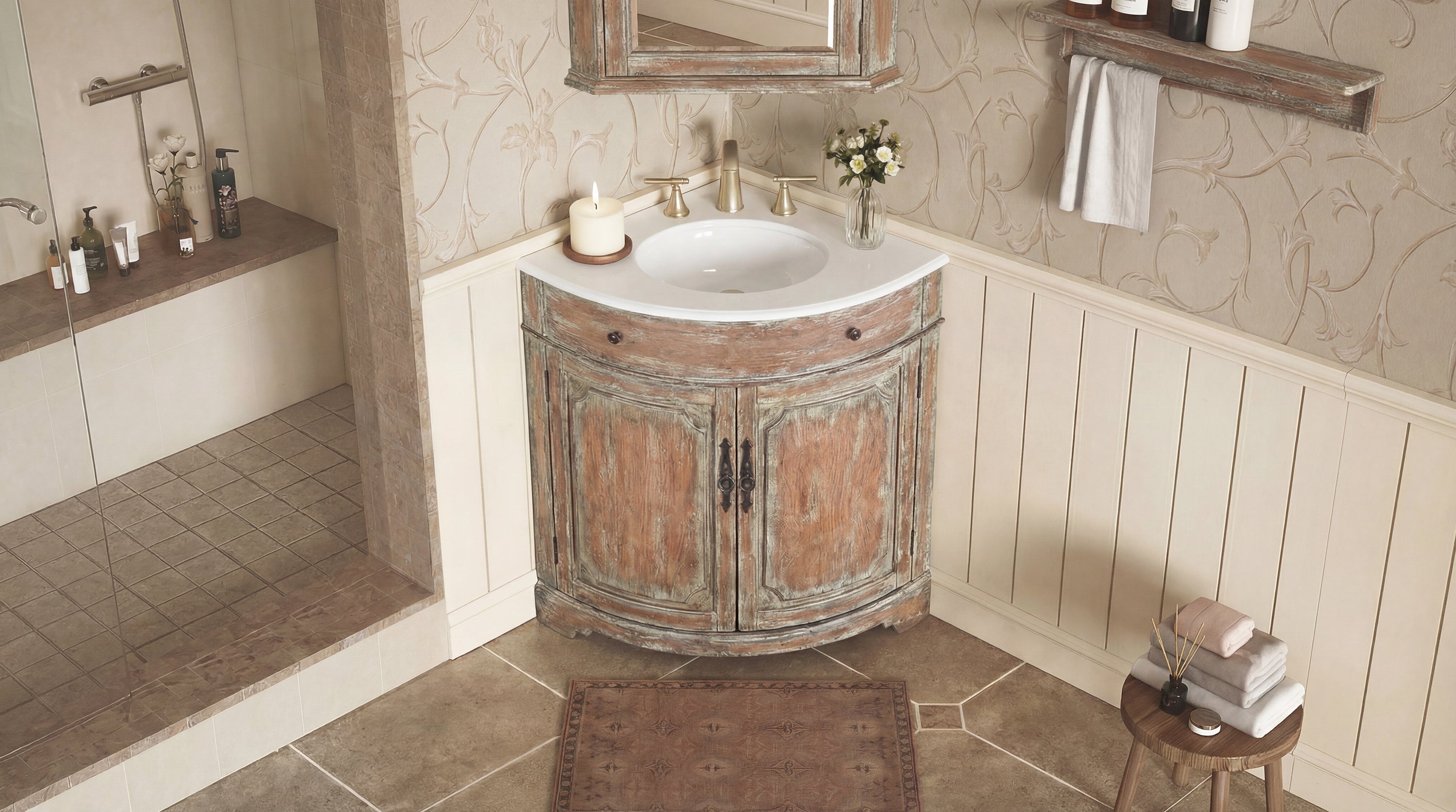 24 Inch Triadsville Freestanding Distressed Brown Corner Bathroom Sink Vanity