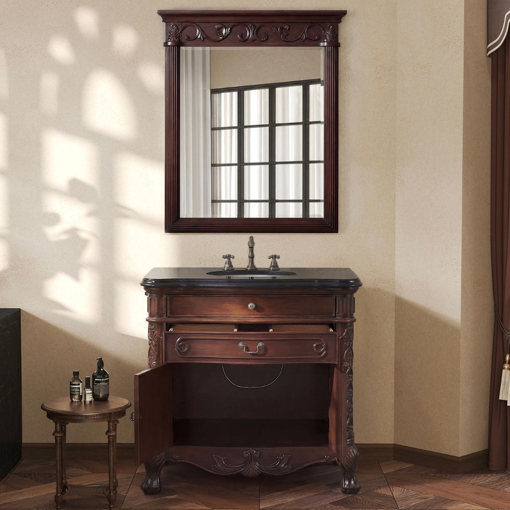 36 Inch Mahogany Wood Classic Style Madison Black Granite Countertop Bathroom Sink Vanity
